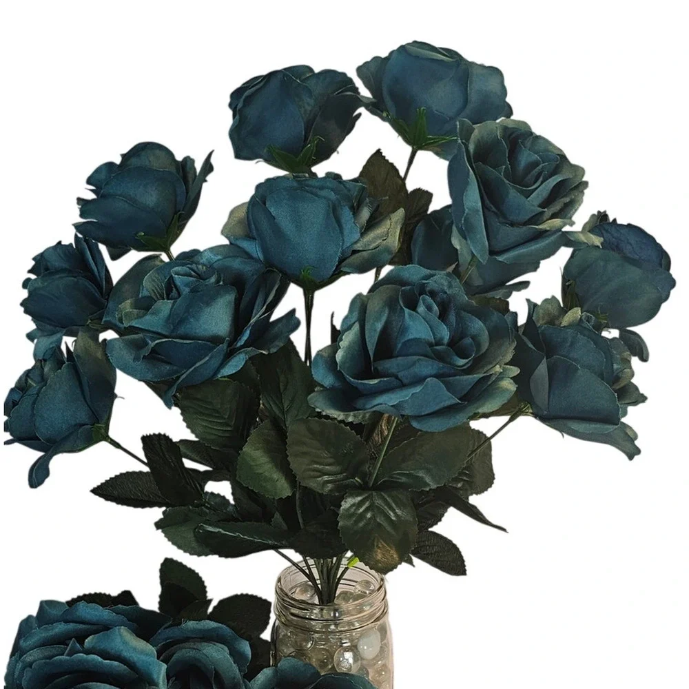 Silk Artificial Teal Rose Bush Lot of 2 Bushes, 4 in wide Blooms, 23 Roses total
